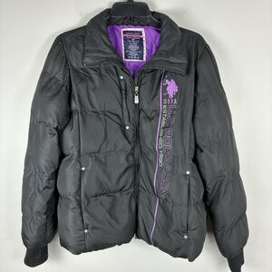 U.S. Polo Assn Girls Puffer Coat Jacket Black Purple Quilted XL /16
